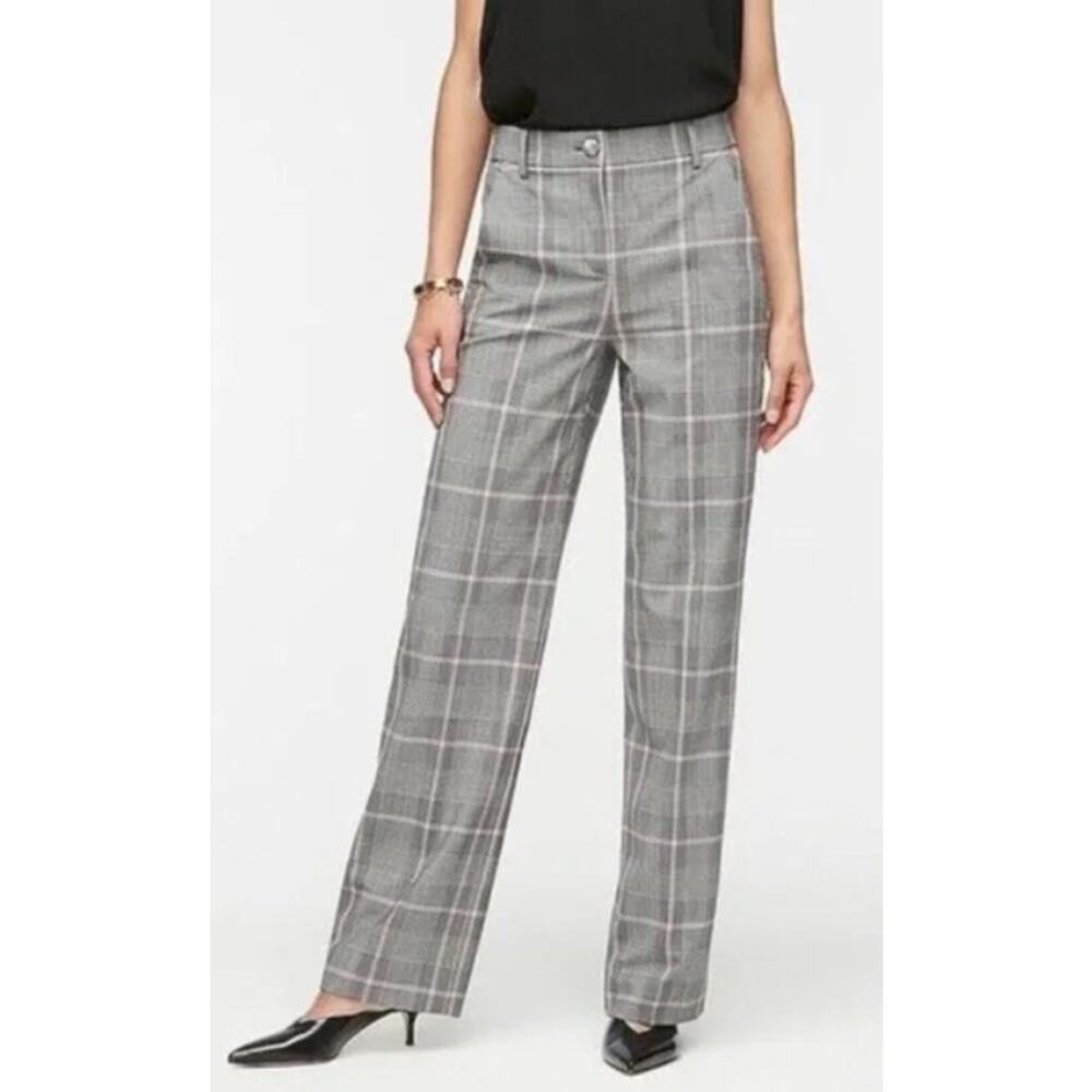J. Crew Peyton Plaid Tartan Trouser Pants Wool Blend 14 Women Black White Pink